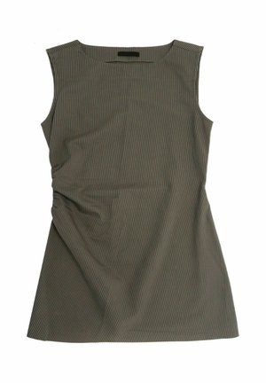 Ärmelloses Kleid aus einem leicht strukturierten Stoff, mit vertikalen grünen und beigefarbenen Streifen sowie einer Raffung auf einer Seite.