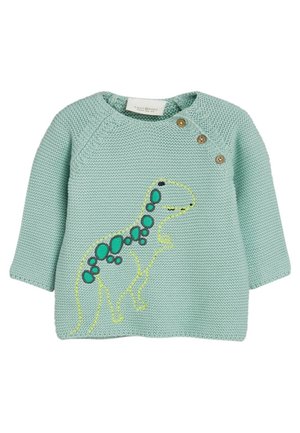 Pull tricoté pour bébé de couleur vert clair avec manches longues, trois boutons en bois près du col, et un motif de dinosaure jaune et turquoise sur le devant.