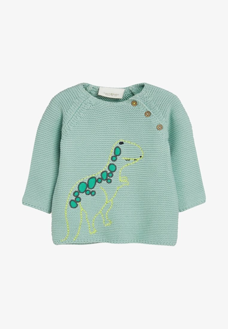 Pull tricoté pour bébé de couleur vert clair avec manches longues, trois boutons en bois près du col, et un motif de dinosaure jaune et turquoise sur le devant.
