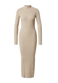 Ribbel, lange mouwen, aansluitende gebreide jurk in een lichte beige kleur, met een hoge hals en een vloerlange uitstraling met een subtiele textuur.