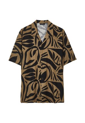 Braunes kurzärmeliges Hemd mit Knöpfen, schwarzen abstrakten Blatt- und Formmustern, Aufschlagkragen und vorderen Knöpfen.