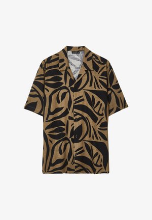 Brown short-sleeve button-up shirt with black abstract leaf and shape patterns, spread collar, and front buttons.