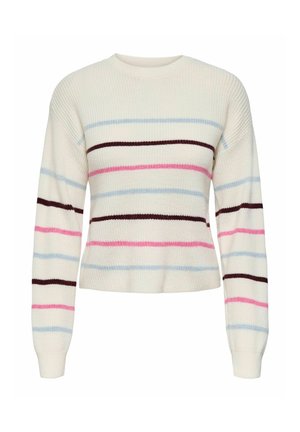 Jersey de punto en color crema con rayas horizontales en marrón, rosa y azul claro. Incluye un cuello redondo y mangas largas y estrechas.