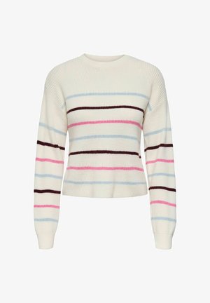 Jersey de punto en color crema con rayas horizontales en marrón, rosa y azul claro. Incluye un cuello redondo y mangas largas y estrechas.