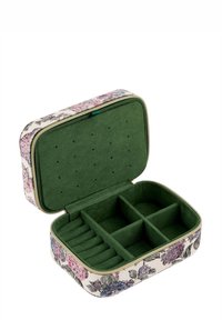Jewelry box with floral exterior, green soft interior, zipper closure, and divided sections for organized storage.