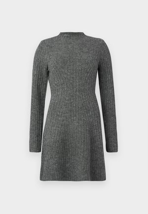 Ribbed, knee-length dress in dark gray with long sleeves and a high neckline, made from soft, textured fabric.