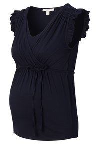 Marineblaue Schwangerschaftsbluse mit kurzen Rüschärmeln, Wickeldesign und verstellbarem Gürtel in der Taille. Hergestellt aus weichem, dehnbarem Material.