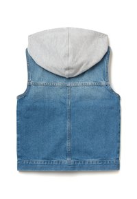 Jeansväst med en grå tyghuva. Har en blå, blekt tvätt, ofullbordad fåll och ingen framknäppning. Enkel, ärmlös design.