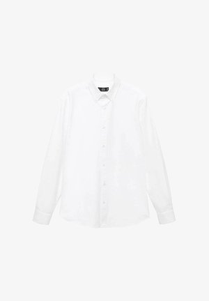 Weißes langärmliges Hemd mit Button-Down-Kragen, Knöpfen vorne, geradem Saum und weichem Baumwollstoff. Minimalistisches Design ohne Muster.