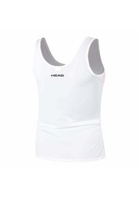 White athletic tank top with scoop neck, grey inner lining, and subtle pink accents. Features branded logo in black on the front.
