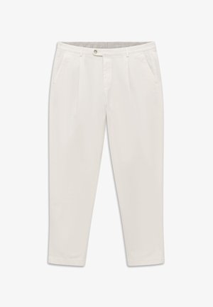 White straight-leg trousers with side pockets, belt loops, zipper fly, and button closure, laid flat on a white background.