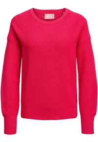 Maglione lavorato a maglia di un vivace rosa, con texture a costine, scollatura tonda e maniche lunghe. Presenta una vestibilità rilassata e una sottile etichetta del logo all'interno del colletto.