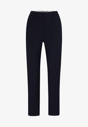 Navy tailored trousers made of smooth fabric, featuring a straight leg design, front pockets, and a zip fastening at the waist.