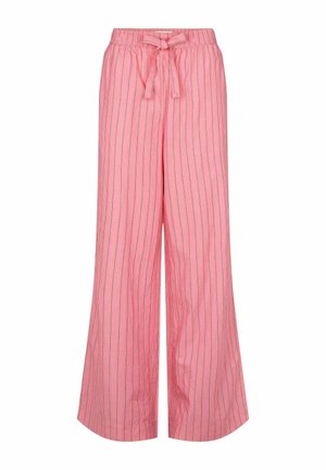 Pantalons larges rose en tissu léger, avec des rayures verticales de couleur contrastante, une taille élastique et un détail de nœud à l'avant.