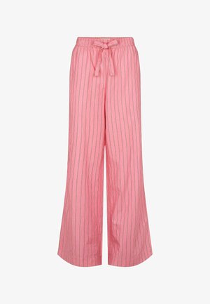 Pantalons larges rose en tissu léger, avec des rayures verticales de couleur contrastante, une taille élastique et un détail de nœud à l'avant.