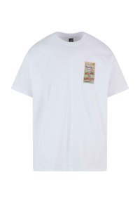 Hvid bomulds t-shirt med rund hals, der har et farverigt trykt mærke med teksten "Velkommen til Skateland!" og "Tak!" accenter.