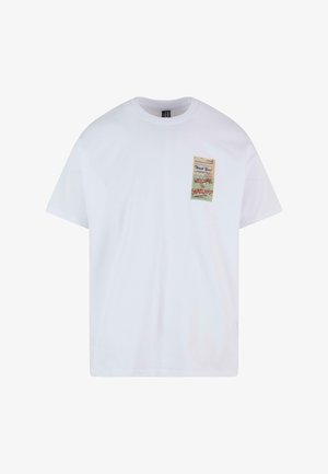 White cotton t-shirt with a round neck, featuring a colorful printed patch displaying "Welcome to Skateland!" and "Thank You!" accents.