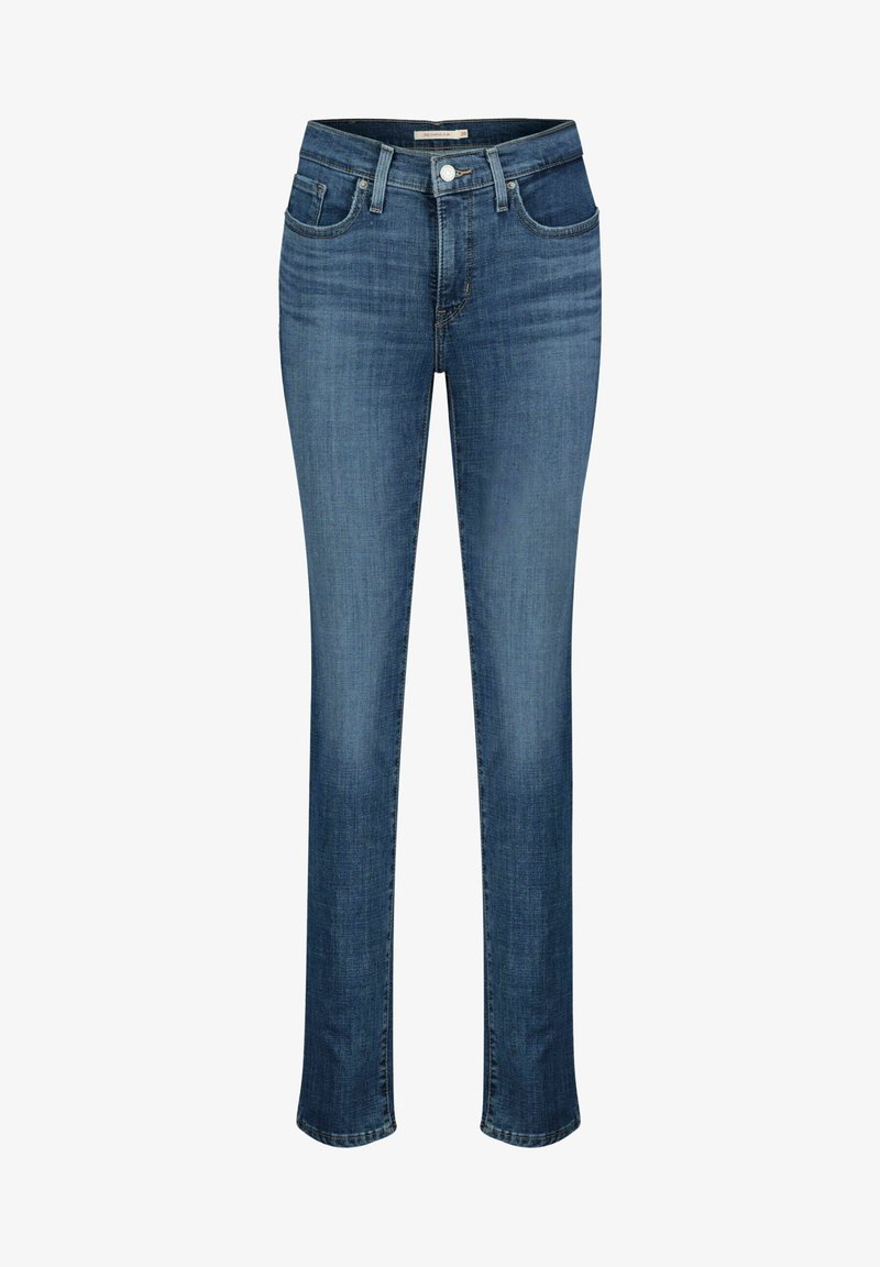 Jean droit en denim bleu avec un design classique à cinq poches et une fermeture par bouton, présentant un léger effet délavé sur les cuisses et les genoux.