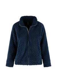 Marineblaue Zip-Jacke aus strukturiertem, flauschigem Stoff mit Chevron-Muster, hochgeschlossener Kragen und langen Ärmeln.