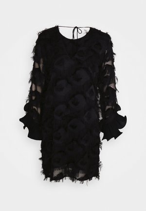 Black dress featuring a sheer material with textured rose patterns, long sleeves with flared cuffs, and a V-neckline with a tie detail.
