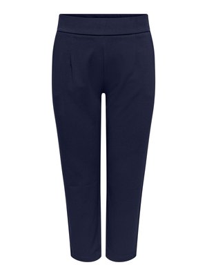 Pantalon bleu marine foncé fuselé avec une coupe slim et une taille mi-haute, présenté sur un fond blanc uni.