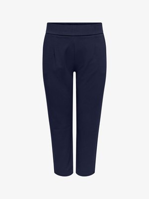 Pantalon bleu marine foncé fuselé avec une coupe slim et une taille mi-haute, présenté sur un fond blanc uni.