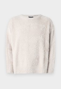 Pulover crem pufos din material moale, cu decolteu rotund și mâneci lungi; prezintă o suprafață texturată și pufoasă.