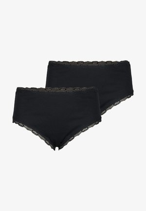 Black cotton boyshorts featuring a scalloped lace trim along the waistband and leg openings, with a smooth, soft texture. Pack of two.