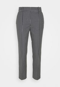 Czarno-białe, w kratę spodnie o prostych nogawkach z elastycznym paskiem, przedstawione na jednolitym białym tle.