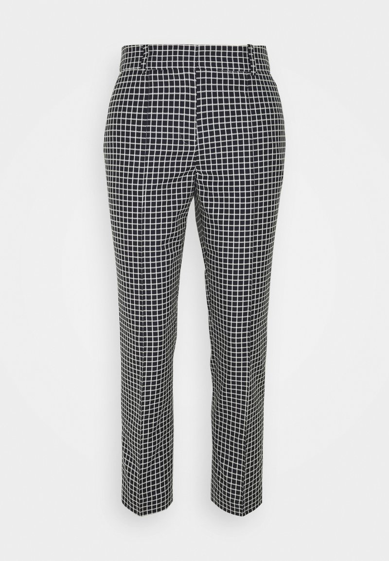 Czarno-białe, w kratę spodnie o prostych nogawkach z elastycznym paskiem, przedstawione na jednolitym białym tle.