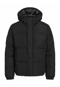 Sort puffjakke med hætte, quiltet design, fuld frontlynlås og elastiske manchetter. Fremstillet af syntetisk materiale med en glat tekstur.