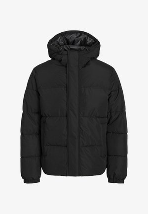 Schwarze Steppjacke mit Kapuze, gestepptem Design, durchgehendem Reißverschluss und elastischen Bündchen. Hergestellt aus synthetischem Material mit glatter Textur.