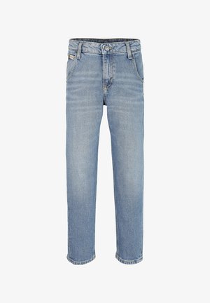 Jean droit en denim bleu clair avec poches avant, passants de ceinture et fermeture par bouton.