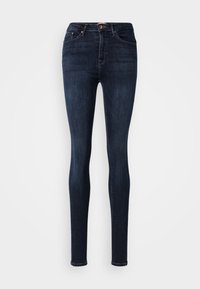 Jeans ajustados en denim oscuro con una textura suave, cinturilla alta, cierre de un botón y bolsillos frontales, que muestran una silueta estilizada.