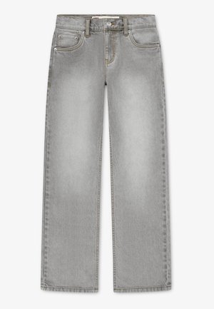 Világosszürke, széles szárú farmernadrág magas derékkal, elülső zsebekkel, farmeröltésekkel és gombos záródással.