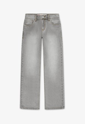 Jeans larghi in denim grigio chiaro con vita alta, dotati di tasche frontali, cuciture in denim e chiusura con bottone.