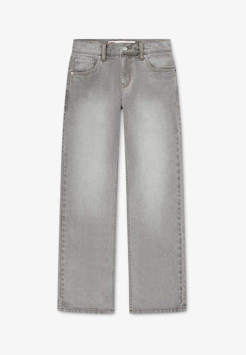 Világosszürke, széles szárú farmernadrág magas derékkal, elülső zsebekkel, farmeröltésekkel és gombos záródással.