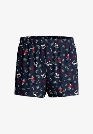 Navy blue boxers featuring a festive pattern of nutcrackers, candy canes, snowflakes, and holiday greenery. Elastic waistband with button.