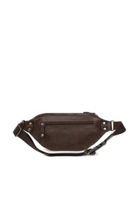 Marsupio in pelle marrone con una tasca frontale con zip, tracolla regolabile e dettagli in metallo, caratterizzato da una texture liscia e una forma arrotondata.