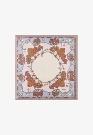 Silk scarf featuring a central unembellished area, surrounded by heart motifs in brown and pastel colors, with decorative chains and floral accents.