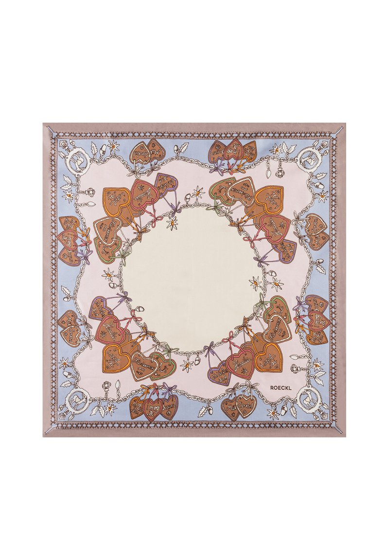 Silk scarf featuring a central unembellished area, surrounded by heart motifs in brown and pastel colors, with decorative chains and floral accents.