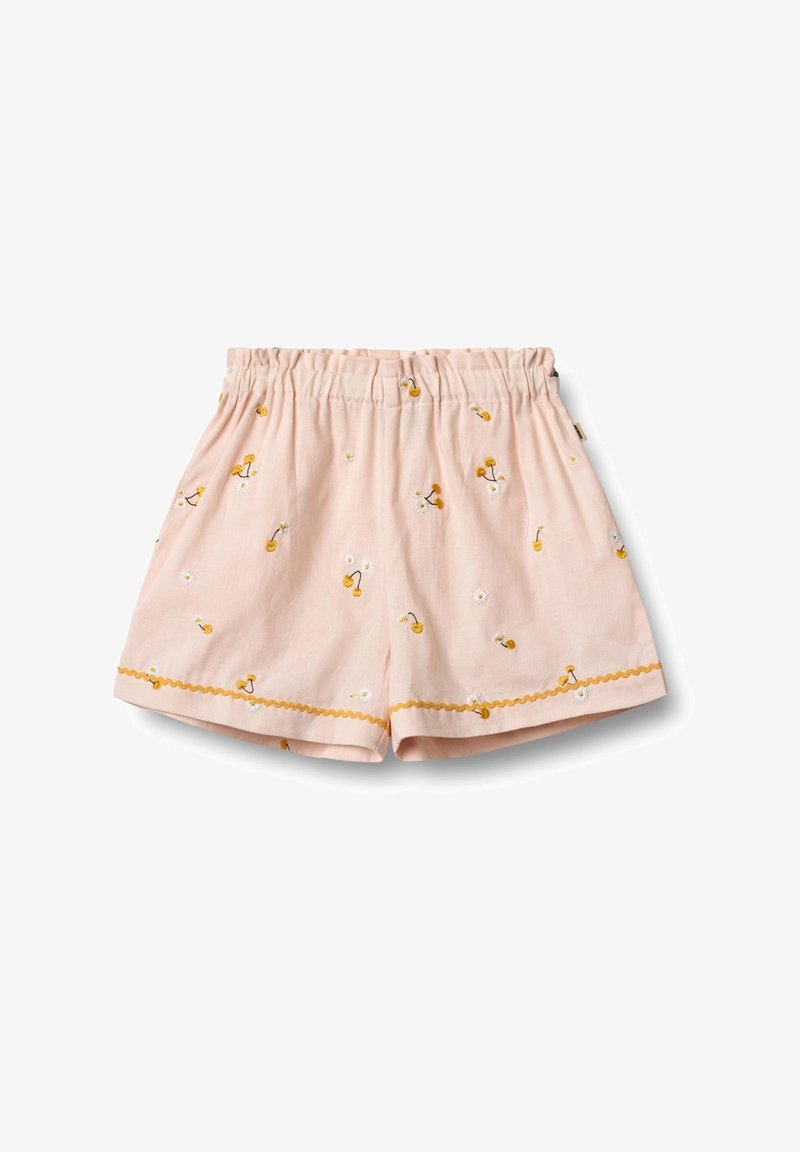 Różowe szorty z lekkiego materiału z marszczoną elastyczną talią. Posiadają żółte hafty kwiatowe oraz falbaniasty dół.