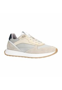 Beige athletic shoe featuring a mix of suede and mesh materials, a white midsole, and a textured gum rubber outsole.