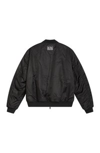 Black bomber jacket, smooth nylon fabric, ribbed cuffs and hem, padded interior, features a rectangular label on the back with text.