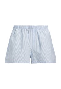 Light blue and white vertical striped cotton shorts with elastic waistband and loose fit.