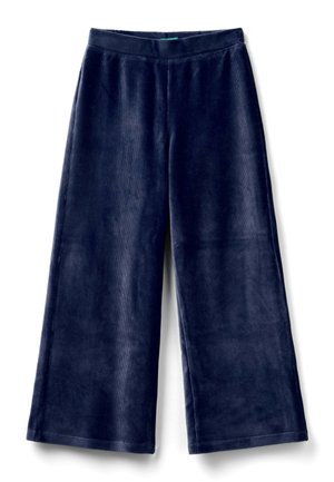 Pantaloni corduroy a gamba larga blu navy con elastico in vita, progettati per un uso casual o per il massimo comfort.