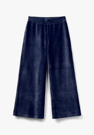 Pantalons en velours côtelé bleu marine à jambes larges avec une ceinture élastique, conçus pour un port décontracté ou confortable.