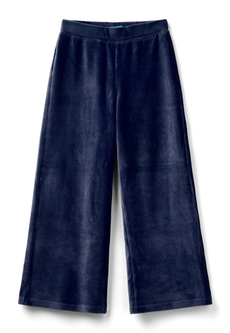 Námořnické modré široké dómské kalhoty z manšestru s elastickým pasem, navržené pro volnočasové nebo pohodlné nošení.