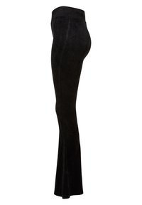 Svarta corduroy leggings med en slät midja, utsvängd design och strukturerad yta. Sidovy visar formen och passformen.