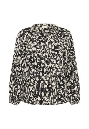 Long-sleeve black and white abstract patterned blouse with gathered neckline and elastic cuffs.